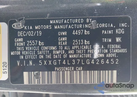 2020 Kia Optima Lx z USA, uszkodzony, nr VIN 5XXGT4L37LG426452